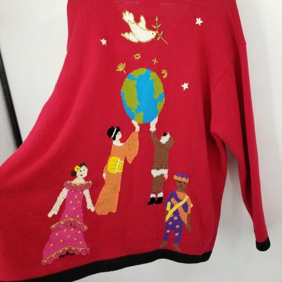 Vintage Storybook Knits World Unity and Peace Diversity Sweater 2X Red Artsy - Picture 9 of 13